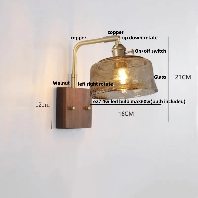 Wood LED Wall Light Up Down Rotate Copper Bedside Lamp