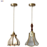 Walnut Wood & Copper Glass Pendant Light Fixture, LED Dining Room Luminaire