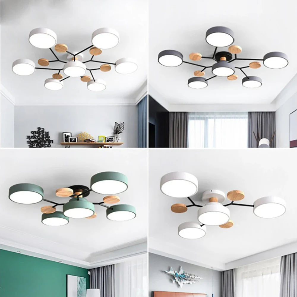 Modern LED Ceiling Lamp - Wood Round Ceiling Lights Macaron Chandelier