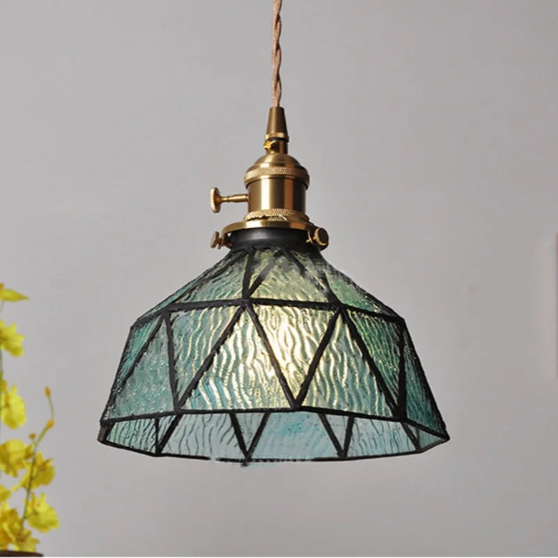 Blue Glass LED Pendant Light Fixture with Adjustable Copper Knob Switch
