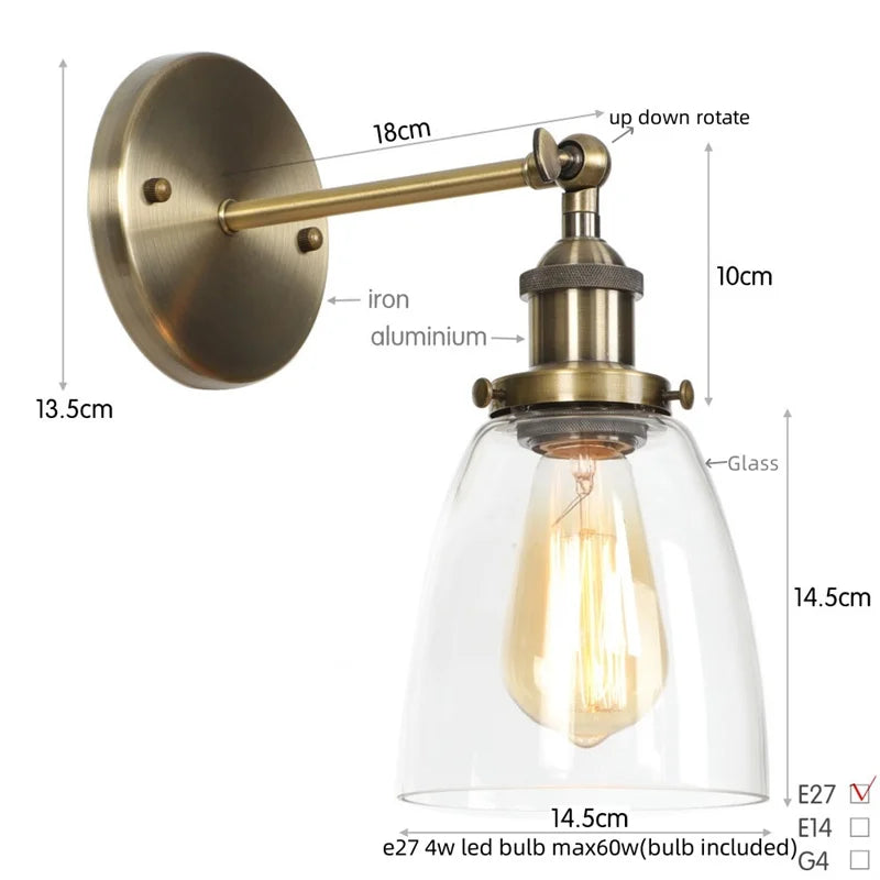Vintage Single Arm LED Wall Lamp Iron Glass Retro Stair Light