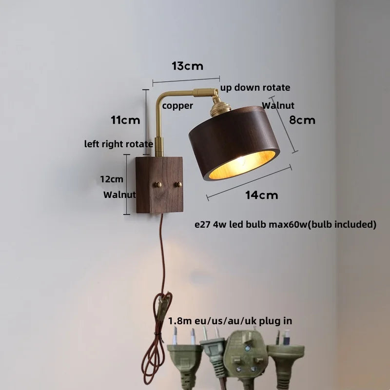 Walnut Wood LED Wall Sconce with Pull Chain Switch, Rotating Vanity Mirror Light