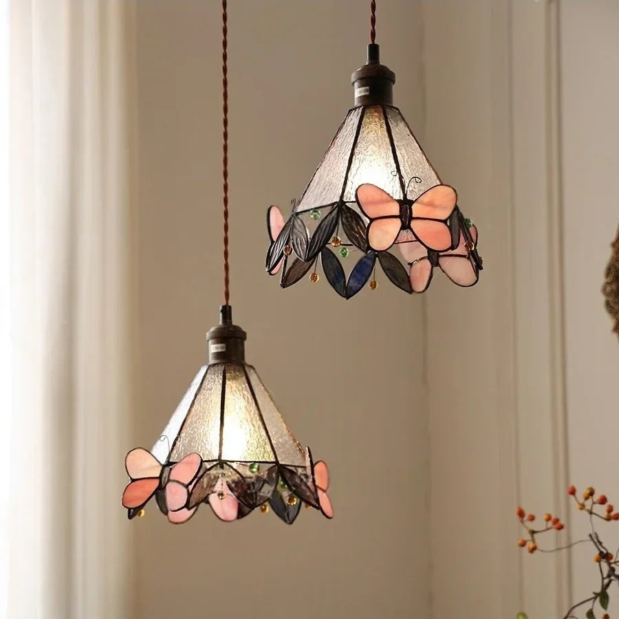 Afralia™ Tiffany Glass Butterfly Pendant Light Fixture Loft LED Luminaire