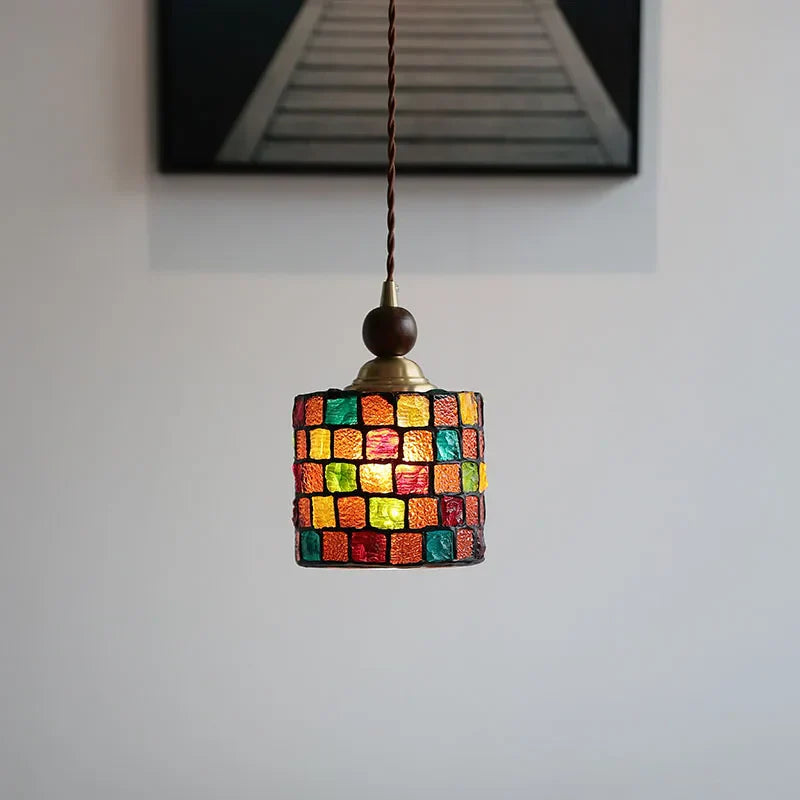 Glass LED Pendant Light Fixture, Modern Nordic Walnut Wood Hanging Lamp