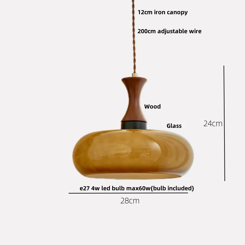 Amber LED Pendant Light Fixture Wood Glass Loft Adjustable Hang Lamp