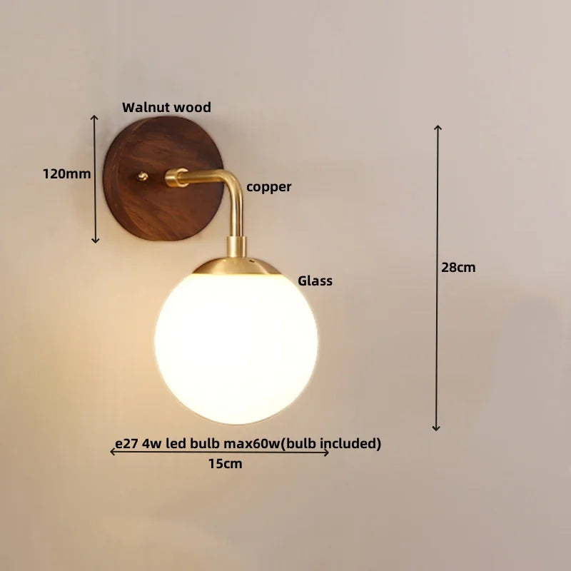 Glass Wall Light Fixture Walnut Wood Modern Nordic Pull Chain Switch Lamparas