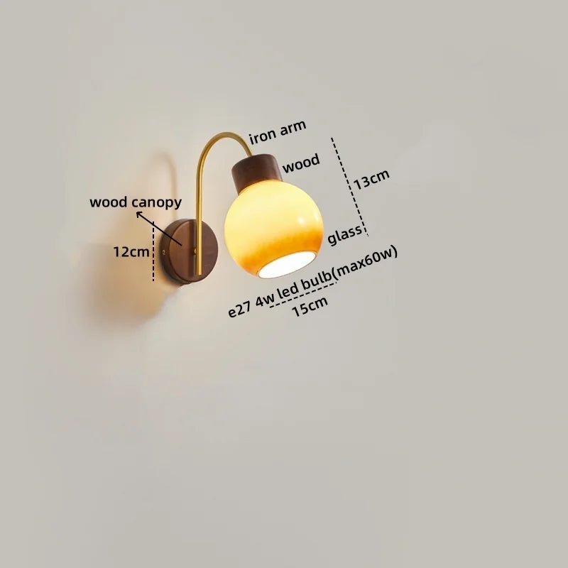 LED Wall Sconce Pull Chain Switch Modern Stair Lights Glass Wood