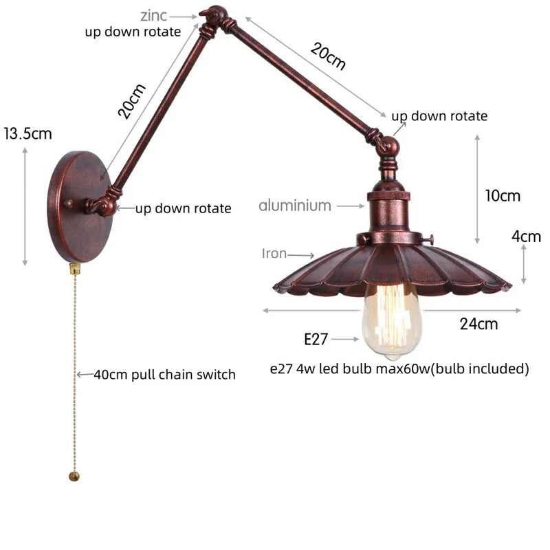 Gold Industrial LED Wall Lamp with Pull Chain Switch for Home Decor