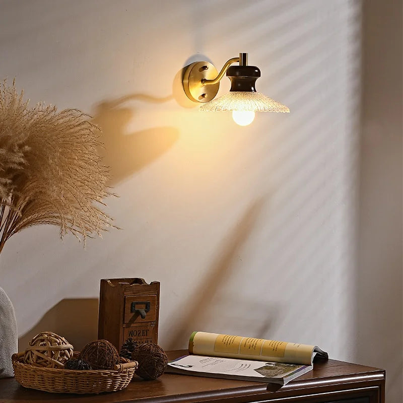 Wood Handled Copper Arm LED Wall Light - Vintage Bedside Lamp