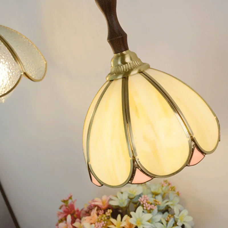 Afralia™ Tiffany Glass LED Pendant Walnut Wood Dining Room Light