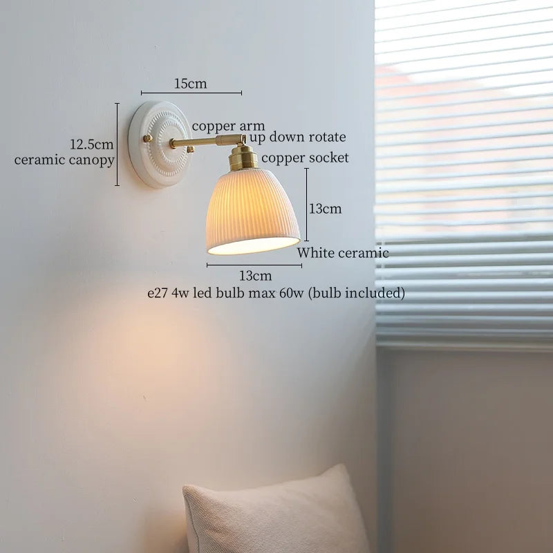 Pleats Ceramic LED Sconce Lamp with Adjustable Copper Arm for Bedroom Bathroom Mirror