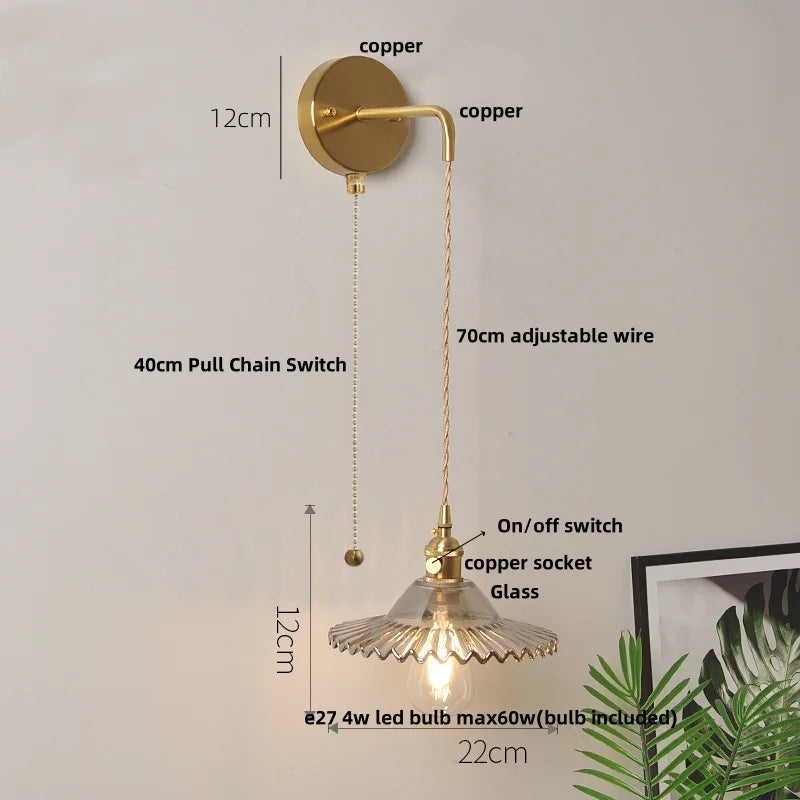 Glass LED Wall Light Fixture with Adjustable Wire, Pull Chain Switch for Bedroom, Coffee Shop