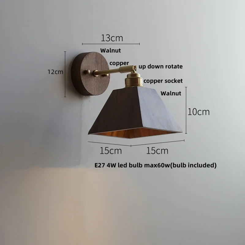 Copper Lampshade LED Wall Sconce Pull Chain Switch Nordic Modern Walnut Wood Mirror Light