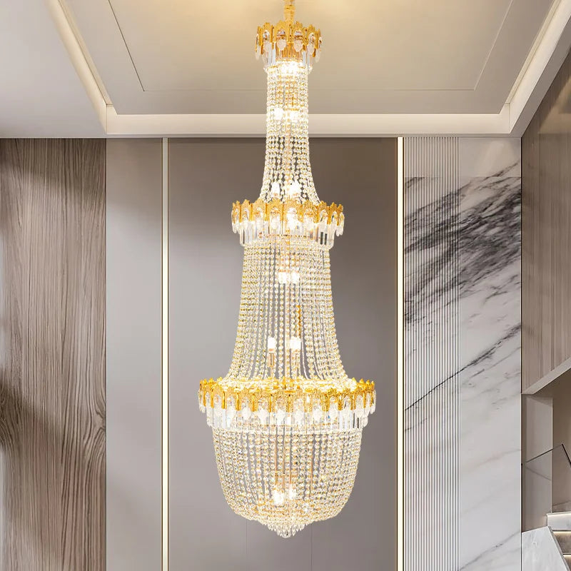 Crystal Chandelier: Luxury Duplex Hotel Living Room Stairwell Design