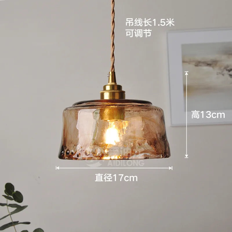 Wood Amber Glass LED Pendant Light Fixture - Nordic Modern Hanging Lamp