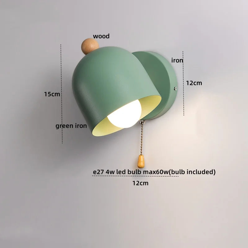Wood Iron LED Wall Lights with Pull Chain Switch for Modern Living Spaces