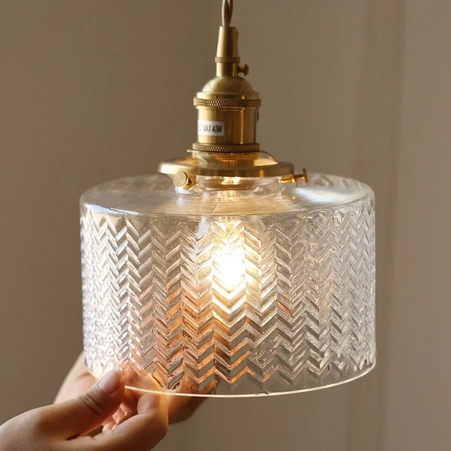 Afralia™ Stripe Glass LED Pendant Light Fixture, Japan Style, Coffee Bar, Hallway Decor