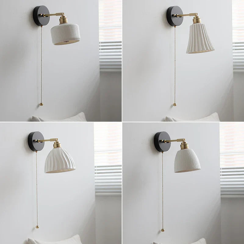 White Ceramic LED Wall Lamp Wood Canopy Sconce Reef Pull Chain Switch
