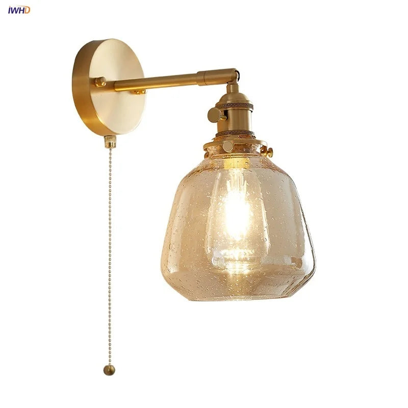 Clear Glass LED Wall Sconce, Modern Rotating Bedside Lamp with Pull Chain & Copper Socket