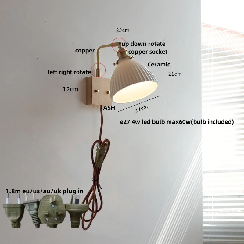 Nordic LED Walnut Wood Wall Lamp with Rotating Ceramic Copper Pull Chain Switch