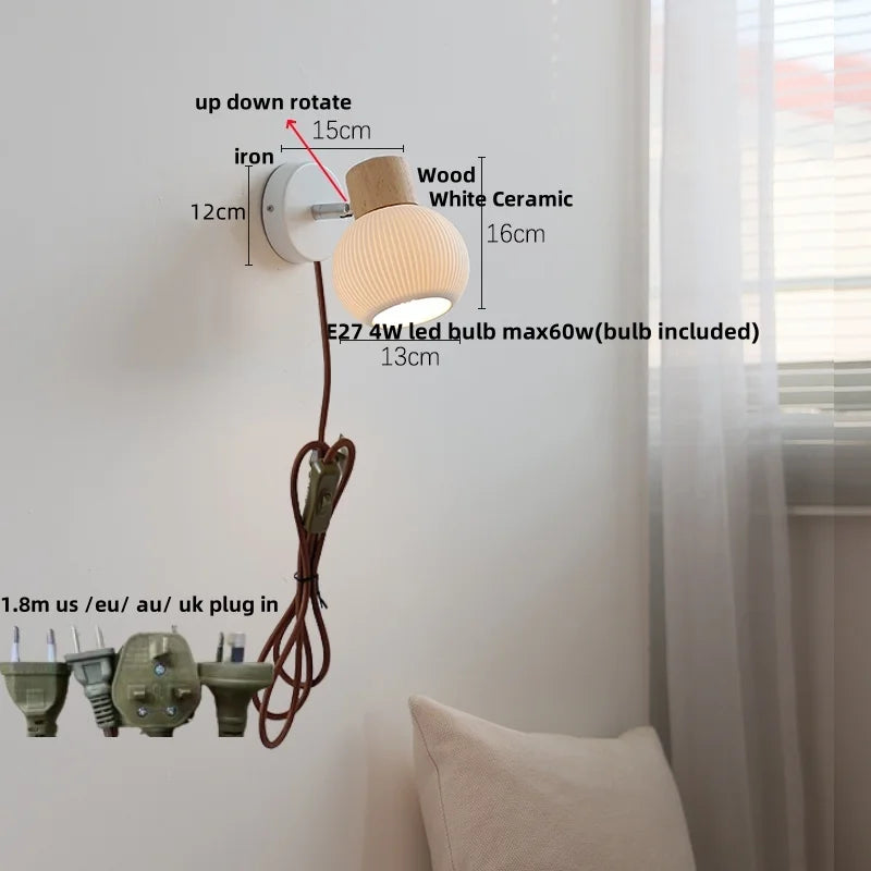 Ceramic LED Wall Lights with Pull Chain Switch, Modern Wood Base Bedside Lamp