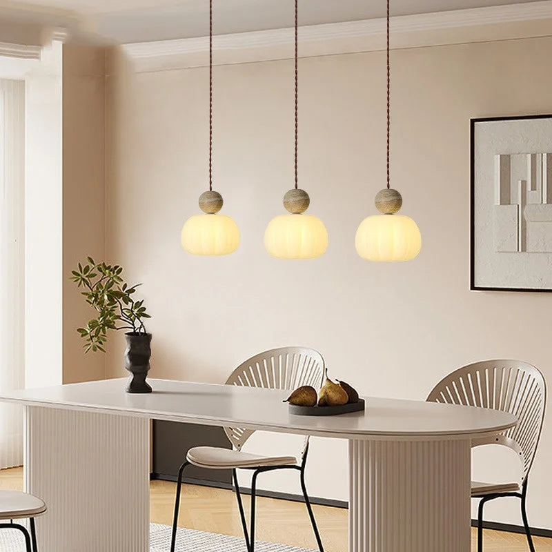 Wabi Sabi Yellow Travertine LED Pendant Lamp Wood Hanging Lights