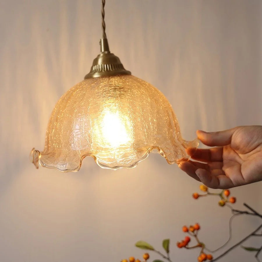 Amber Glass LED Wall Sconce with Pull Chain Switch for Bedroom and Bathroom