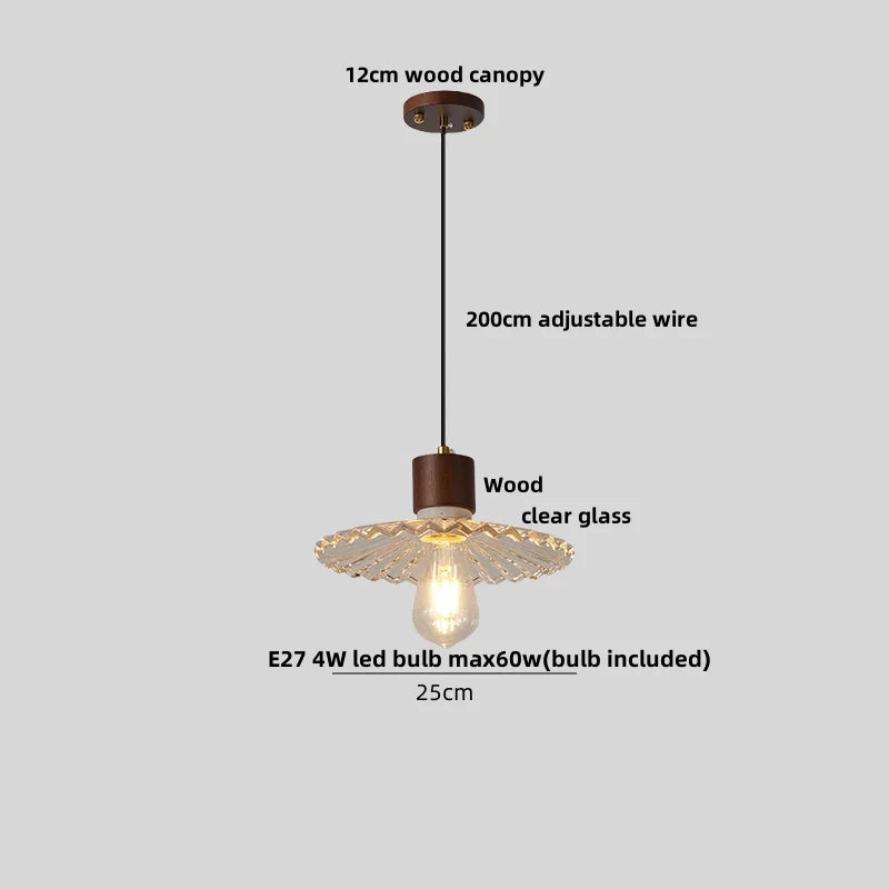 Wood Glass LED Pendant Lights Adjustable Modern Hanging Lamp