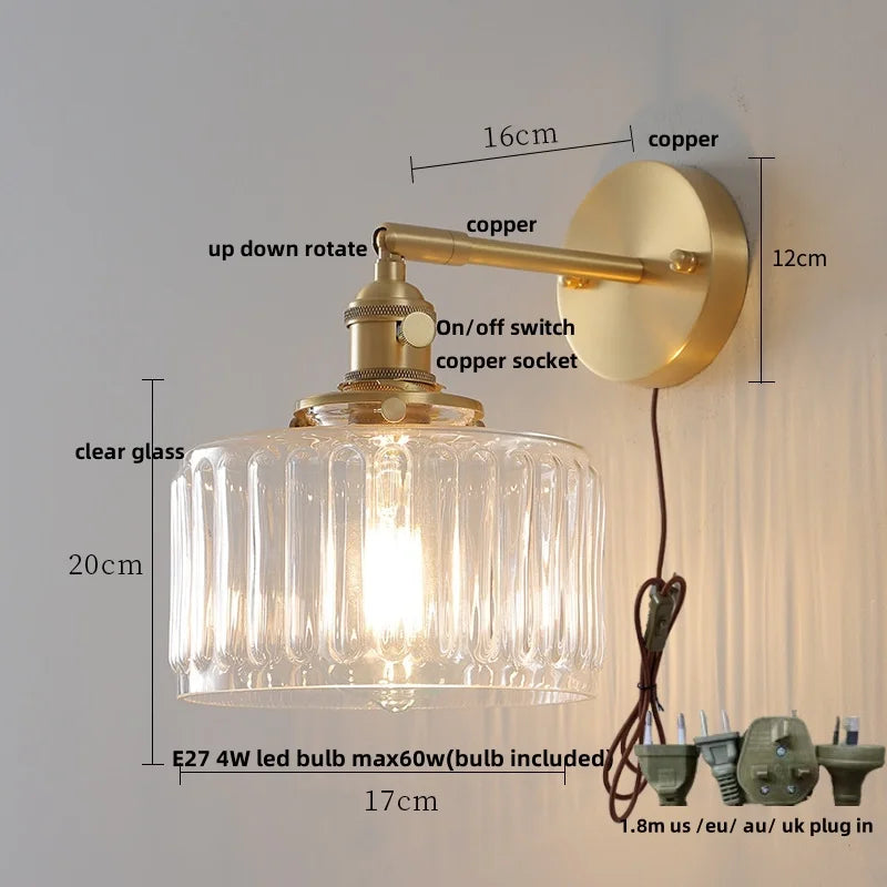 Clear Glass LED Wall Sconce, Modern Rotating Bedside Lamp with Pull Chain & Copper Socket