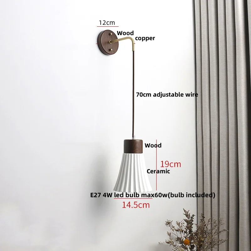 Ceramic Wood Wall Sconce LED Light with Pull Chain Switch - Modern Nordic Style
