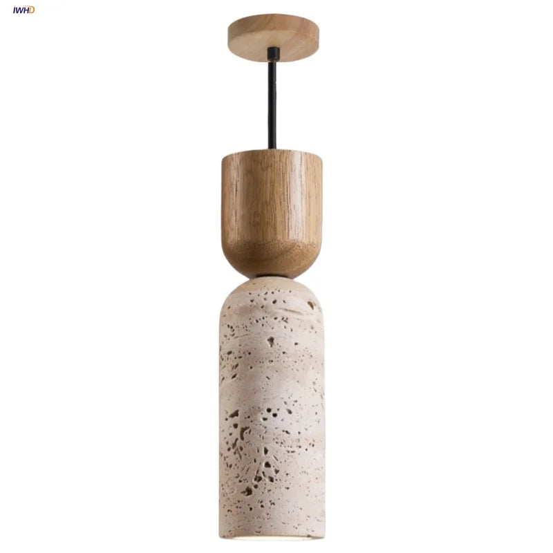 Yellow Travertine LED Pendant Light - Modern Wood Nordic Hanging Lamp