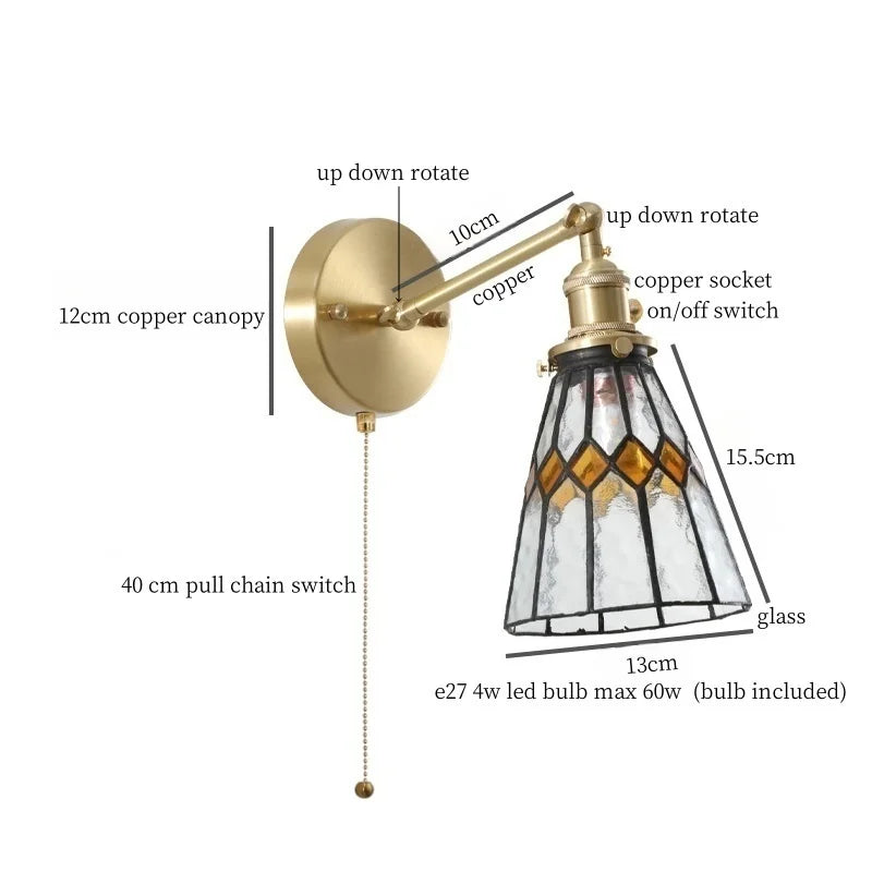 Tiffany Glass LED Wall Lamp Pull Chain Switch Vintage Copper Wall Lights