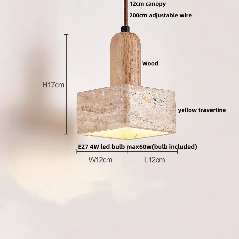 Afralia™ Wabi Sabi LED Pendant Light - Yellow Travertine Brown Wood - Modern Stone Hang Lamp