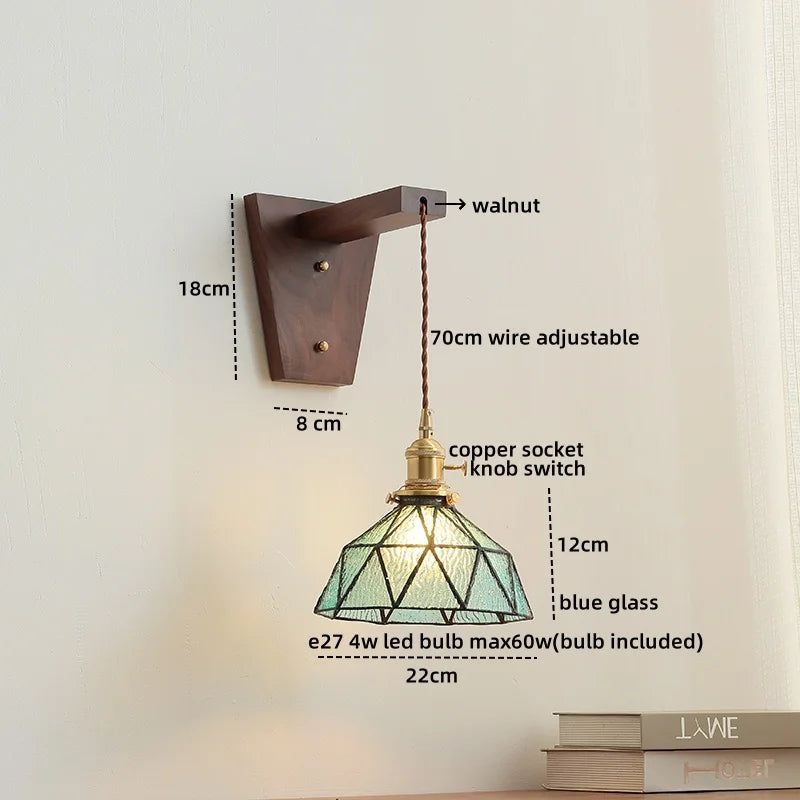 Walnut Copper LED Wall Lamp Sconce with Pull Chain Switch, Nordic Stair Light Fixtures
