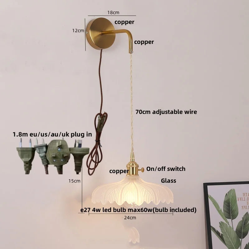 Copper LED Glass Wall Sconce with Pull Chain Switch for Living Dining Room
