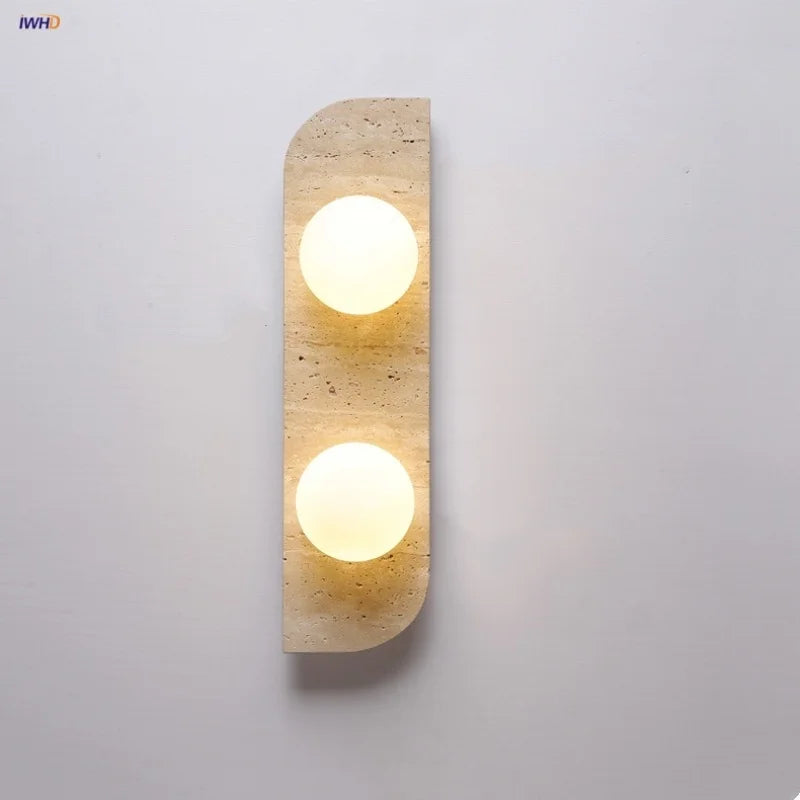 Nordic LED Wall Lamp 2 Glass Ball Yellow Travertine Stone Indoor Wall Light