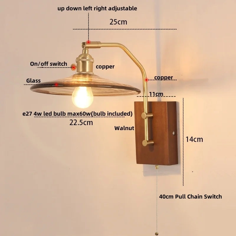 Walnut Wood LED Wall Light Glass Pull Chain Switch Nordic Modern Bedroom Lamp