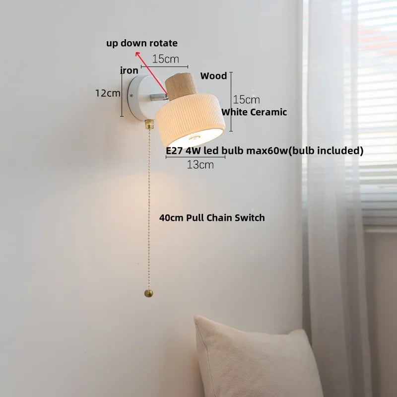 Ceramic LED Wall Lights with Pull Chain Switch, Modern Wood Base Bedside Lamp