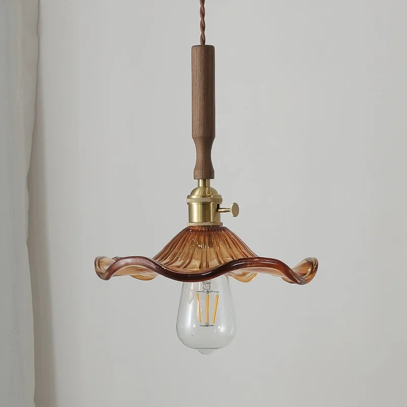Amber Glass LED Pendant Light, Nordic Modern Design, Walnut Wood, Dining Living Room Lighting