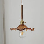 Amber Glass LED Pendant Light, Nordic Modern Design, Walnut Wood, Dining Living Room Lighting