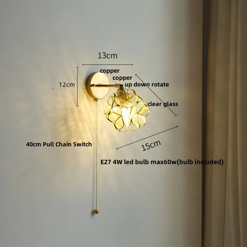 Pink Flower Glass Wall Light Fixture for Bedroom with Pull Chain Switch