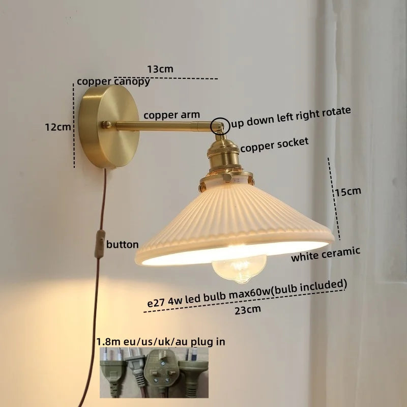 Ceramic LED Wall Light with Pull Chain Switch for Bedroom Bathroom Living Room