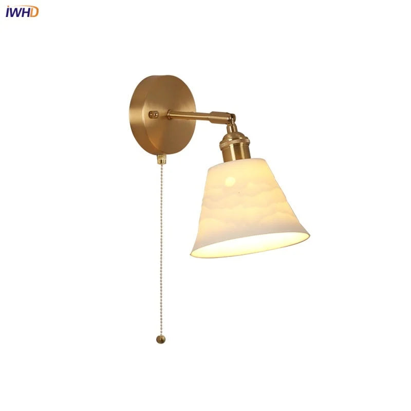 Copper LED Wall Light Pull Chain Switch Modern Ceramic Bedside Lamp