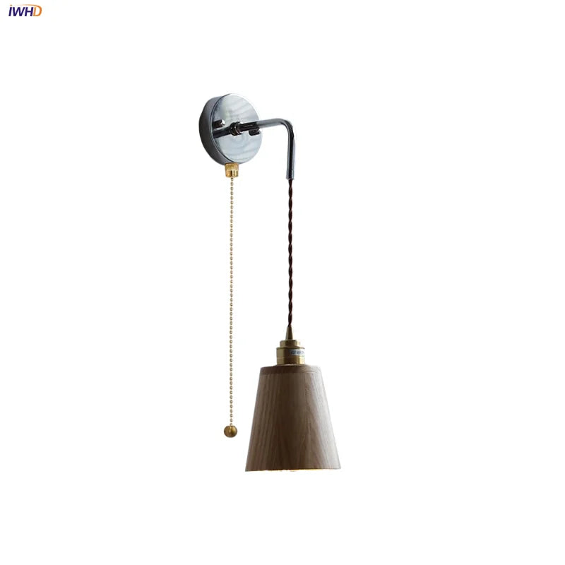 Ash Wood LED Wall Light with Pull Chain Switch, Japanese Style Bedside Lamp