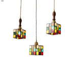 Rubik's Cube LED Pendant Lamp - Walnut Wood Colorful Glass Hanging Lights