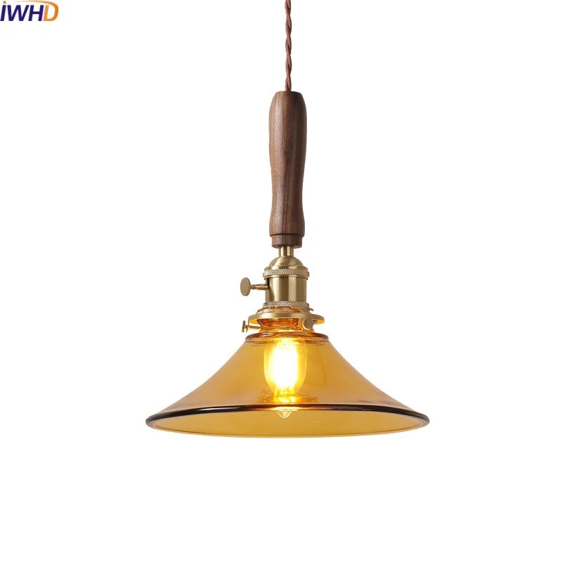 Amber Glass LED Pendant Light with Walnut Handle for Dining Living Room