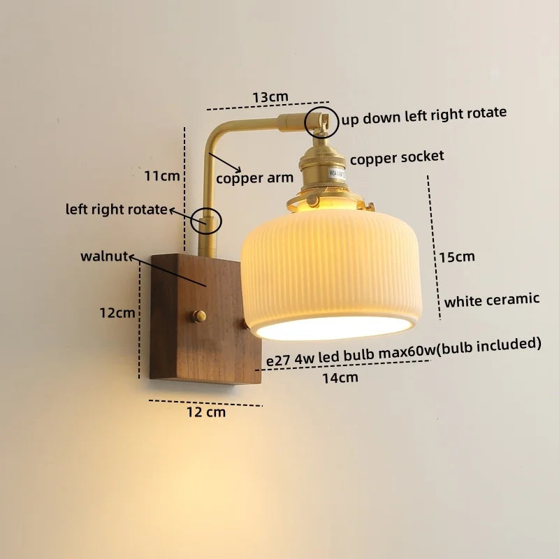 Walnut Ceramic LED Wall Lamp Pull Chain Switch - Modern Bathroom Mirror Light