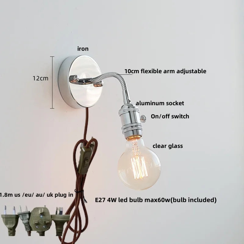 Adjustable Arm LED Wall Light Fixture with Pull Chain Switch, White Glass