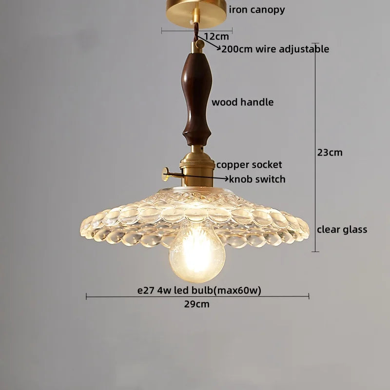 Copper Glass Pendant Light Fixture with Wood Handle & LED Bulb