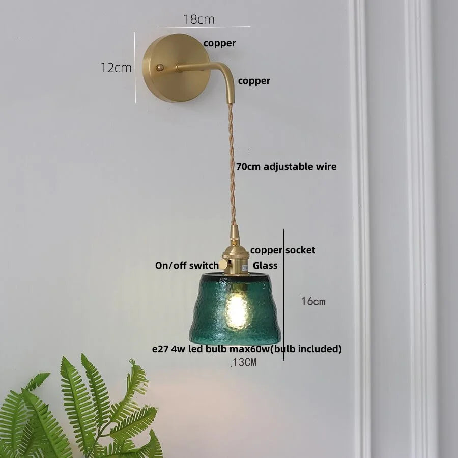Clear Glass LED Wall Sconce with Pull Chain Switch, Brass E27, Bedroom Reading Light